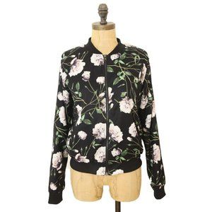 Iris Los Angeles Bomber Jacket Size S Quilted Lining Floral Black Multi EUC B95